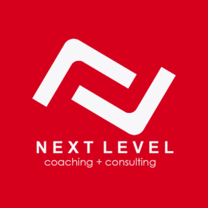 Next Level Golf white logo on red background